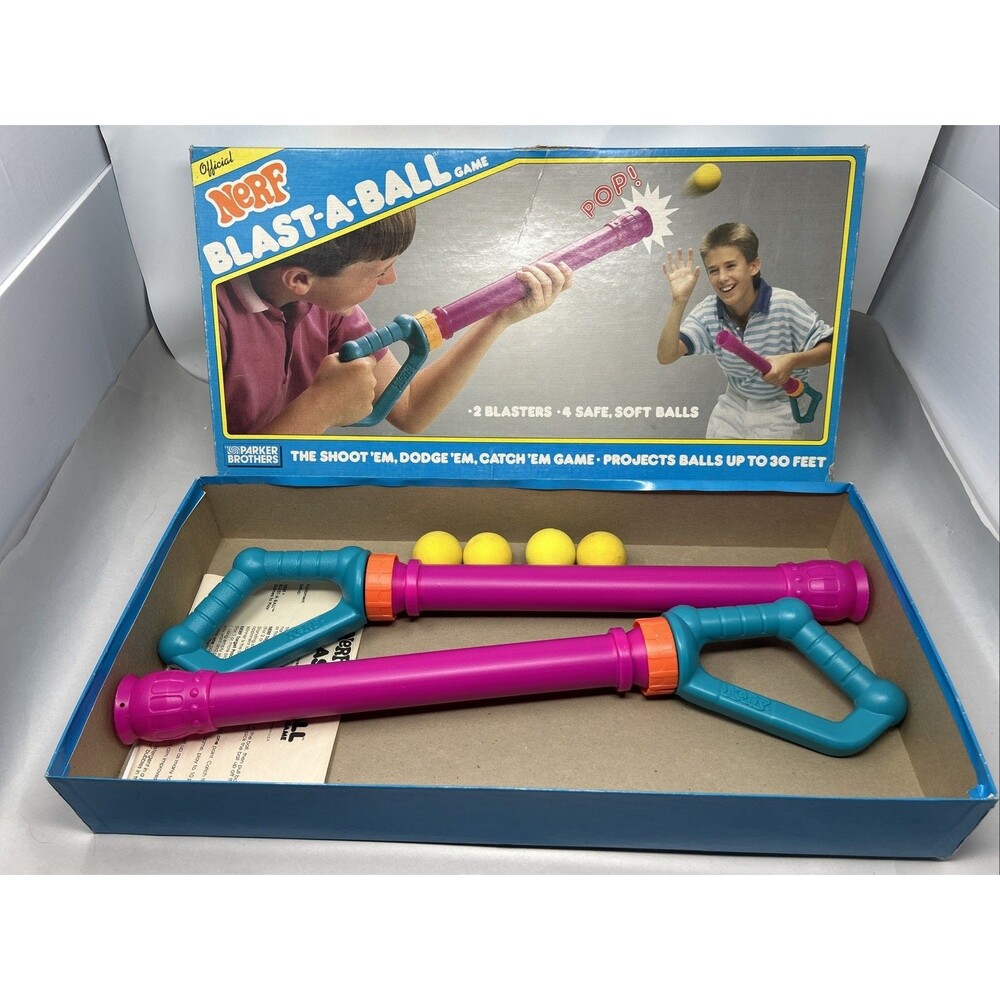 1989 Nerf Blast-A-Ball Game Parker Brothers 0235 Retro Toy 2 Blasters & 4 Balls
